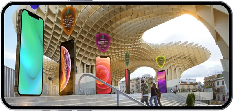 Experiencia AR para información de iPhones en Realidad Aumentada Dinámica con smartphone en plaza de Sevilla